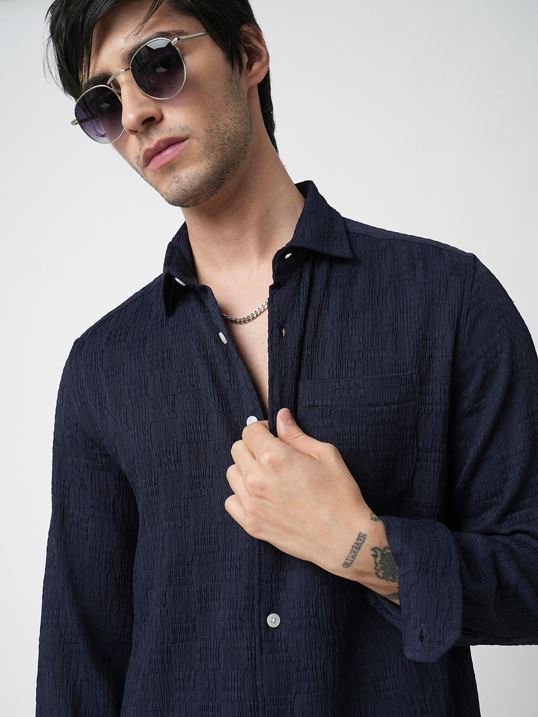 Navy Textured Crushed Shirt