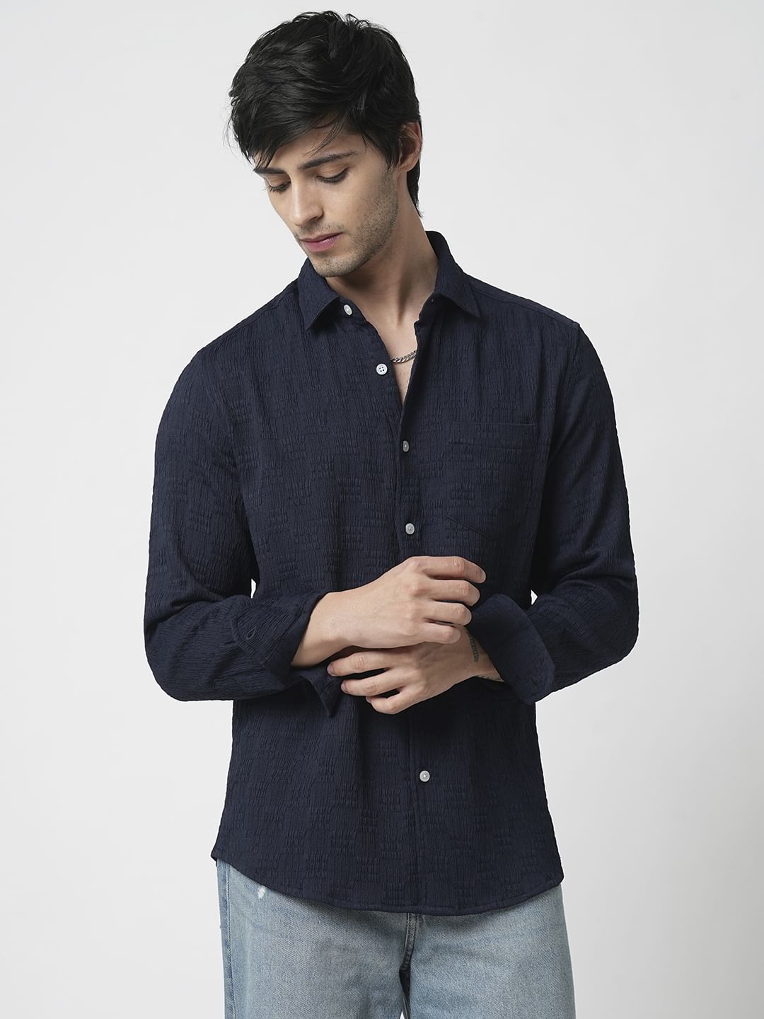 Navy Textured Crushed Shirt