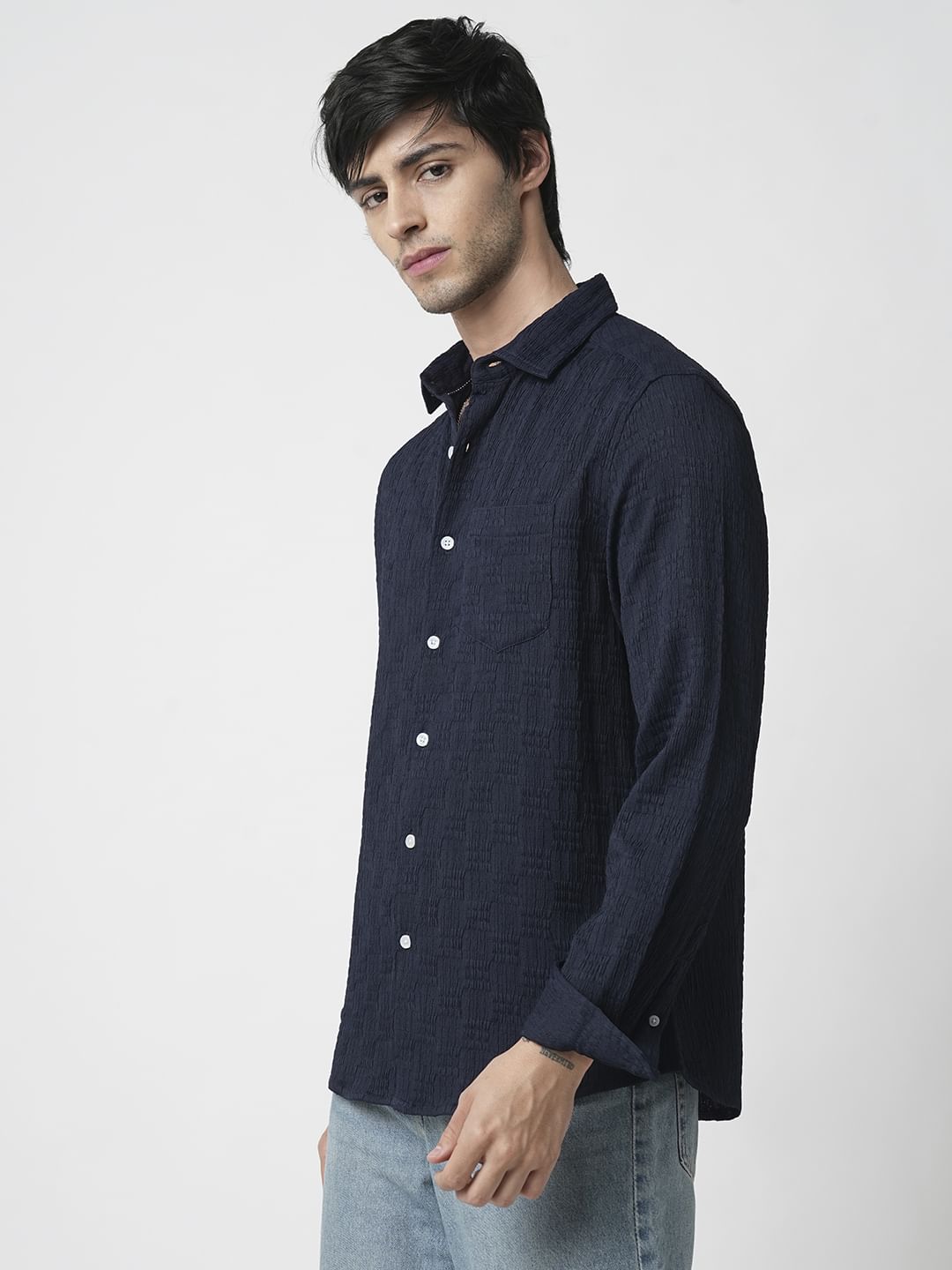 Navy Textured Crushed Shirt
