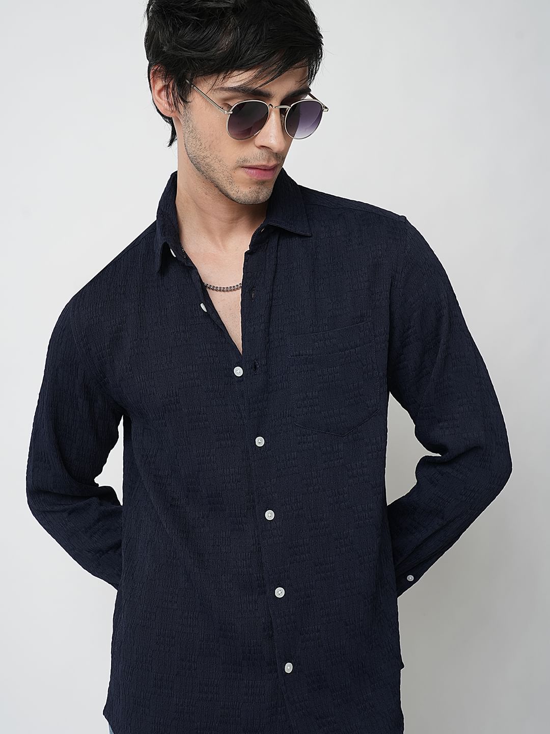 Navy Textured Crushed Shirt