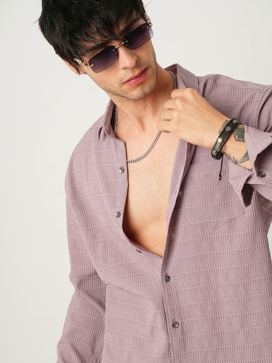 Nude Pink Horizontal Striped Textured Shirt