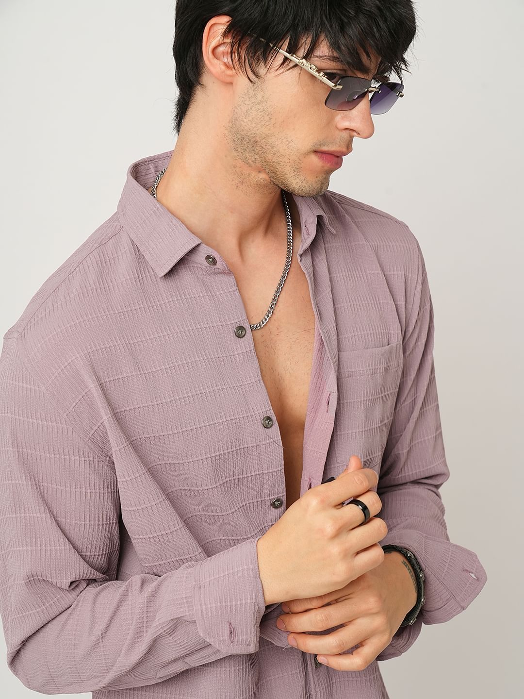 Nude Pink Horizontal Striped Textured Shirt