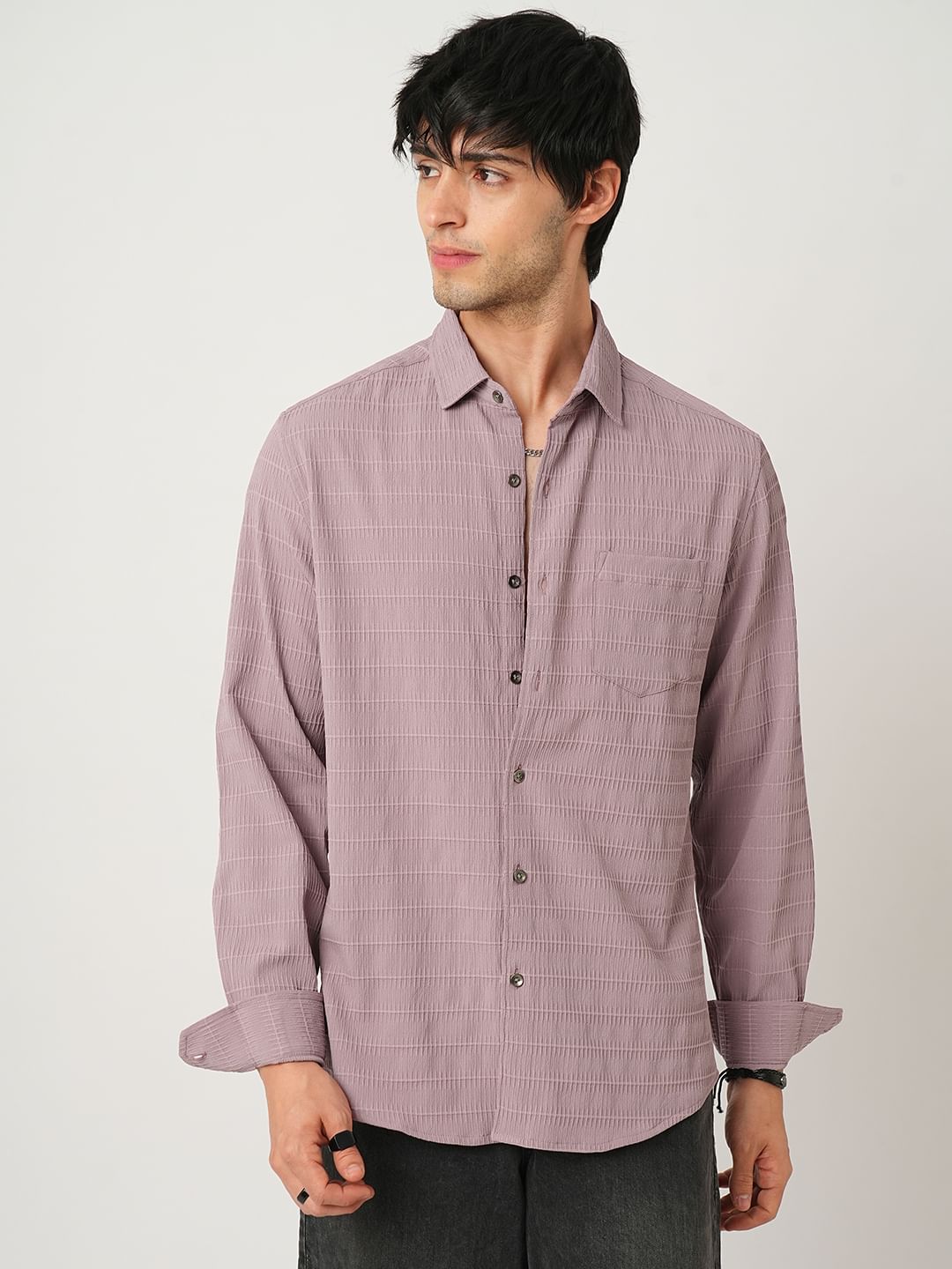 Nude Pink Horizontal Striped Textured Shirt