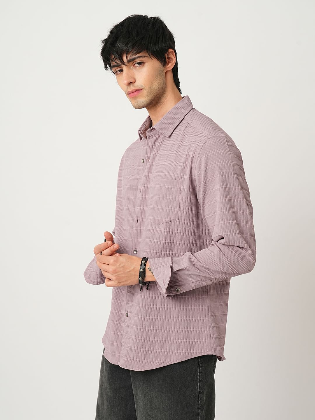 Nude Pink Horizontal Striped Textured Shirt