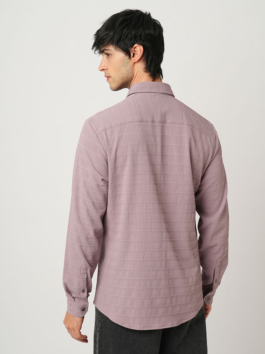 Nude Pink Horizontal Striped Textured Shirt