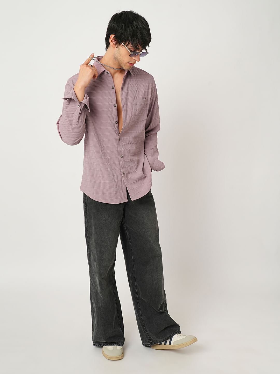 Nude Pink Horizontal Striped Textured Shirt