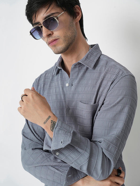 Bluish Grey Horizontal Stripe Textured Shirt