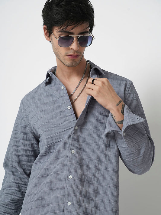 Bluish Grey Horizontal Stripe Textured Shirt