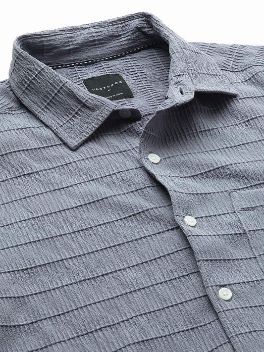 Bluish Grey Horizontal Stripe Textured Shirt