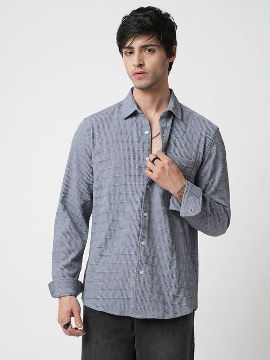 Bluish Grey Horizontal Stripe Textured Shirt
