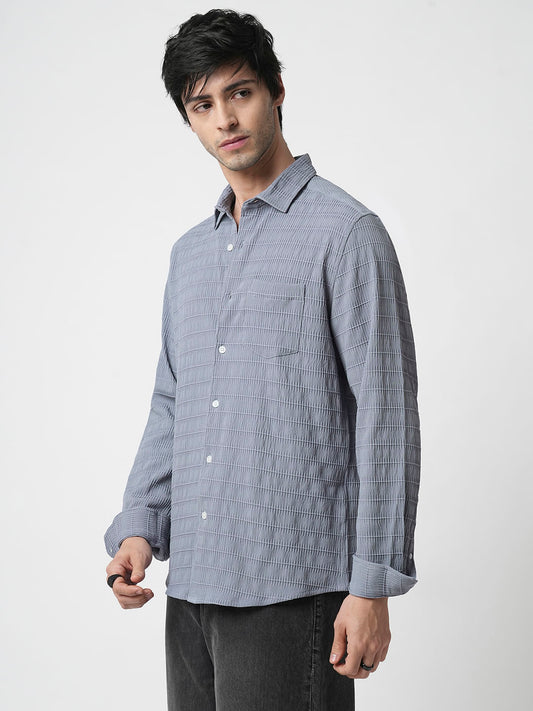 Bluish Grey Horizontal Stripe Textured Shirt