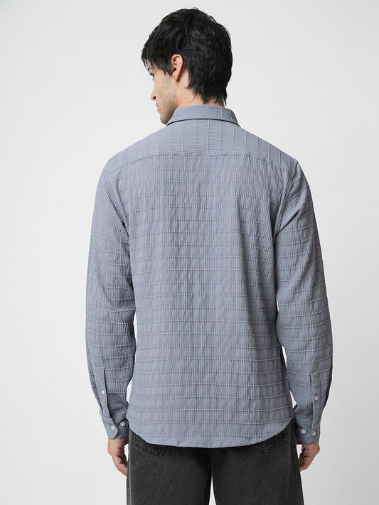 Bluish Grey Horizontal Stripe Textured Shirt