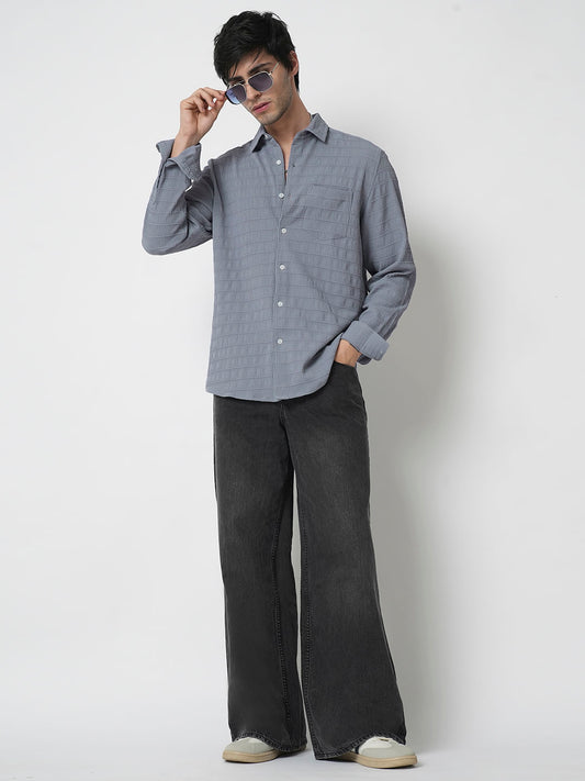 Bluish Grey Horizontal Stripe Textured Shirt