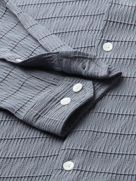 Bluish Grey Horizontal Stripe Textured Shirt