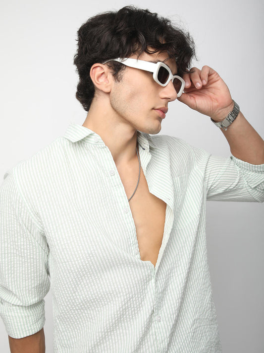 Sea-foam Green Seersucker Striped Shirt