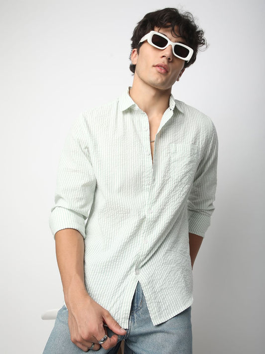 Sea-foam Green Seersucker Striped Shirt
