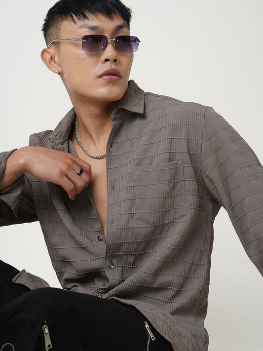Coffee Brown Line Textured Shirt