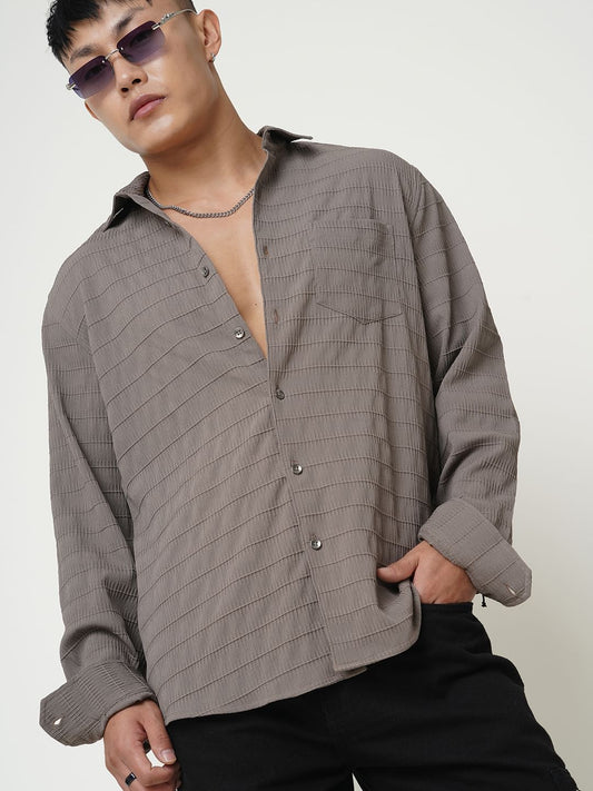 Coffee Brown Line Textured Shirt