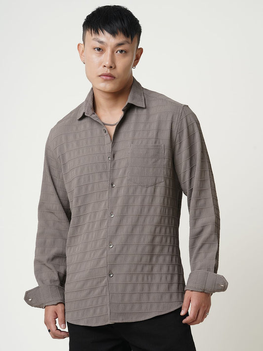 Coffee Brown Line Textured Shirt