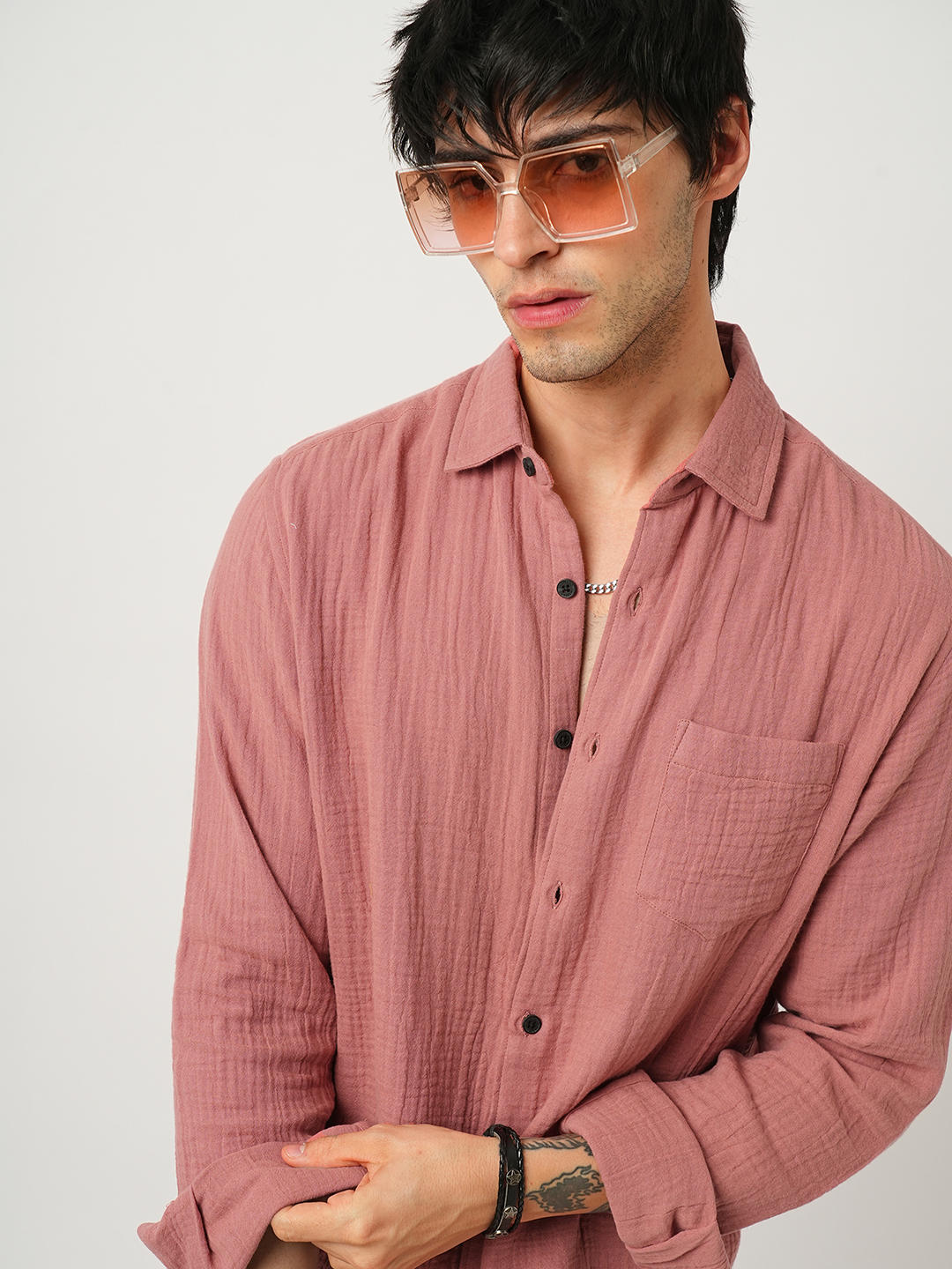 Coral Pink Double Cloth Crinkled Shirt