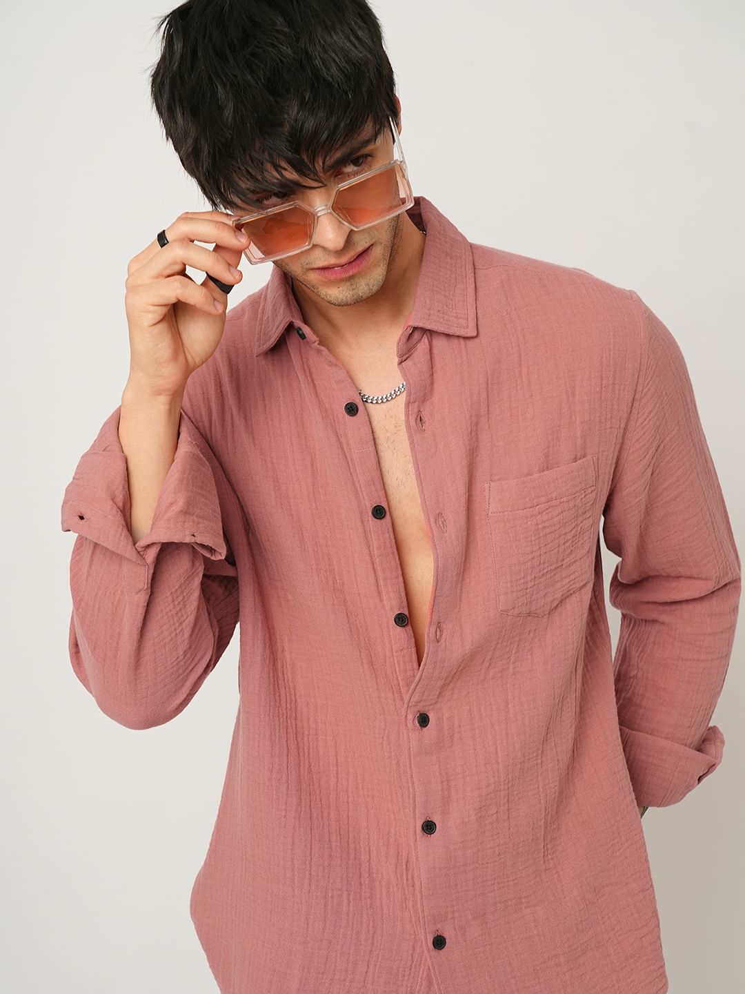 Coral Pink Double Cloth Crinkled Shirt