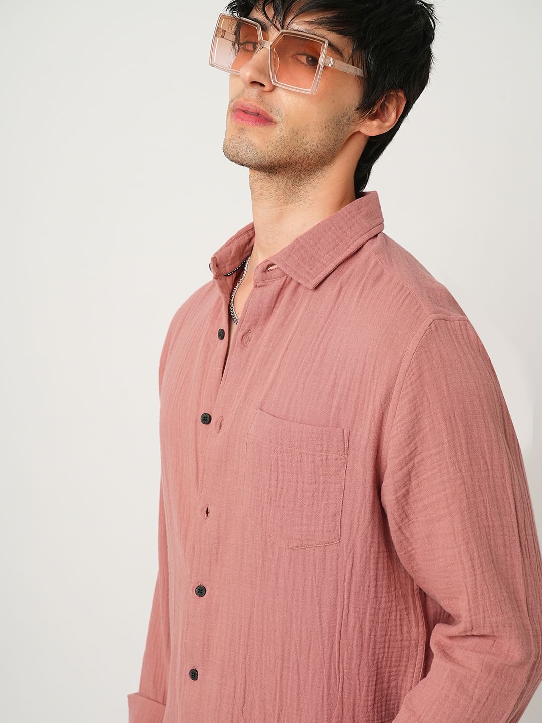 Coral Pink Double Cloth Crinkled Shirt