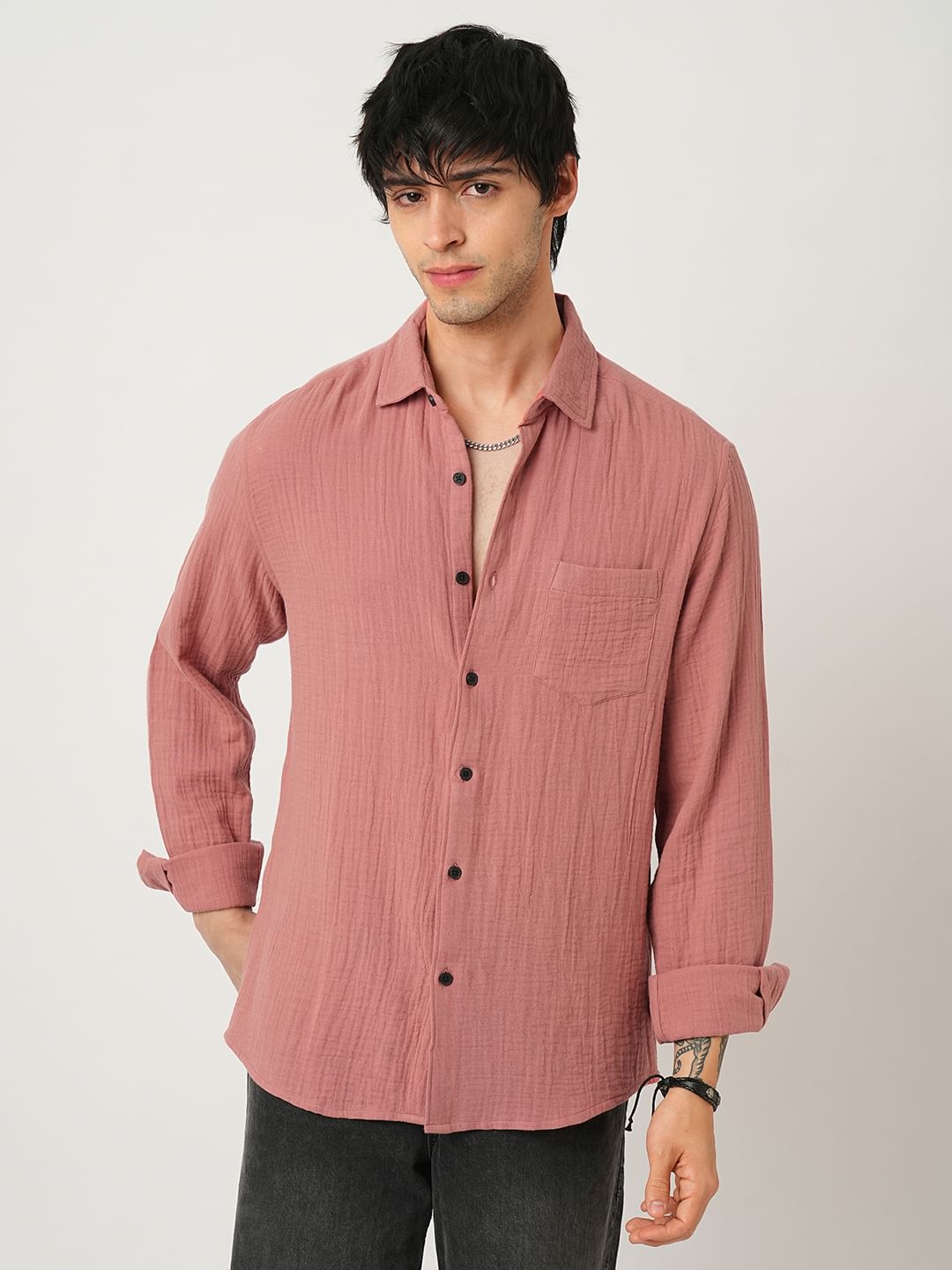 Coral Pink Double Cloth Crinkled Shirt