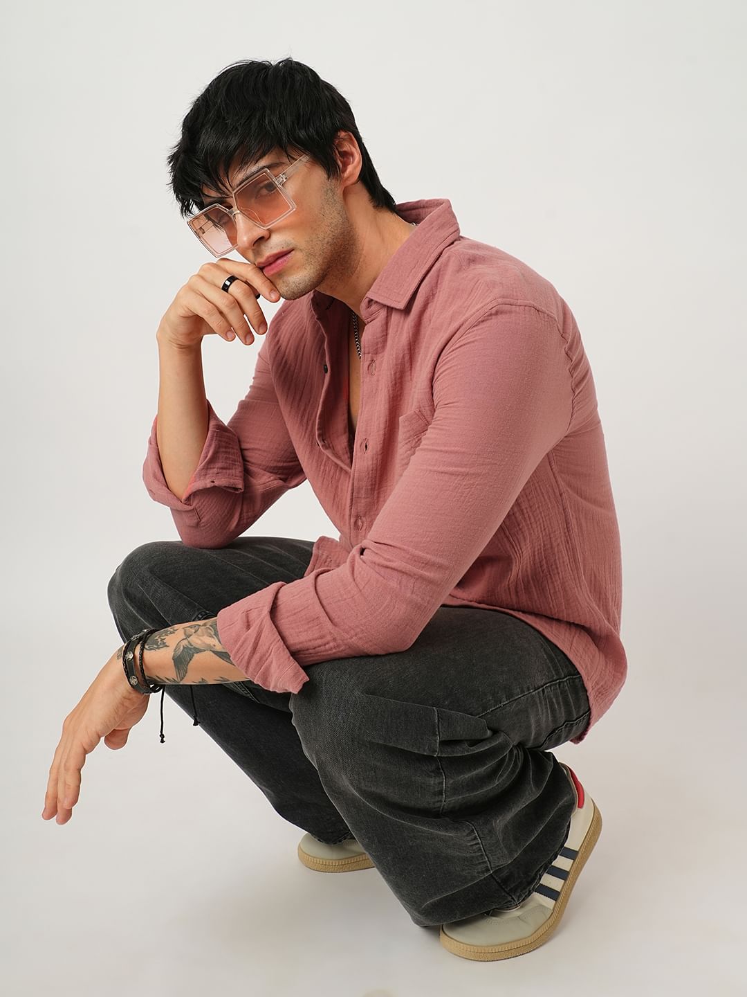 Coral Pink Double Cloth Crinkled Shirt