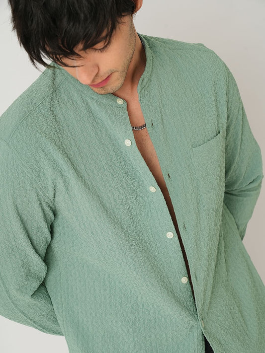 Hexagon Jacquard Jade Green Mandarin Shirt