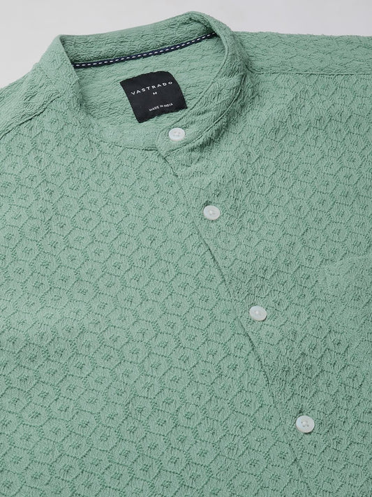 Hexagon Jacquard Jade Green Mandarin Shirt
