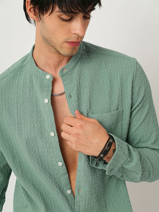Hexagon Jacquard Jade Green Mandarin Shirt