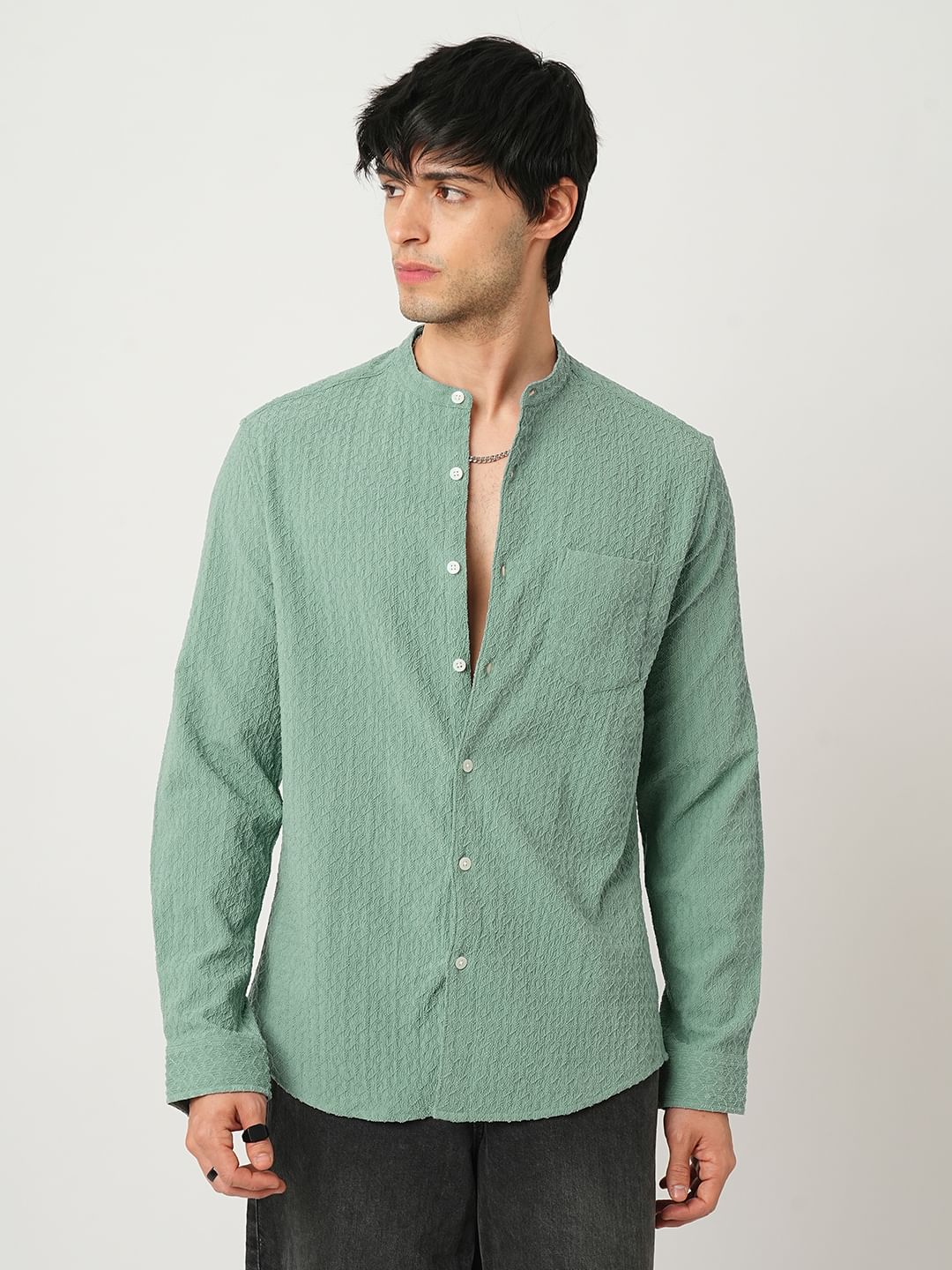 Hexagon Jacquard Jade Green Mandarin Shirt