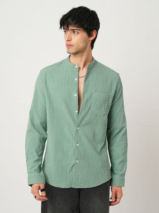 Hexagon Jacquard Jade Green Mandarin Shirt