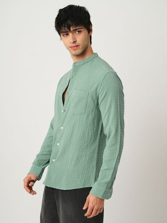 Hexagon Jacquard Jade Green Mandarin Shirt