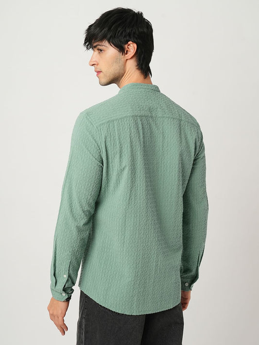 Hexagon Jacquard Jade Green Mandarin Shirt