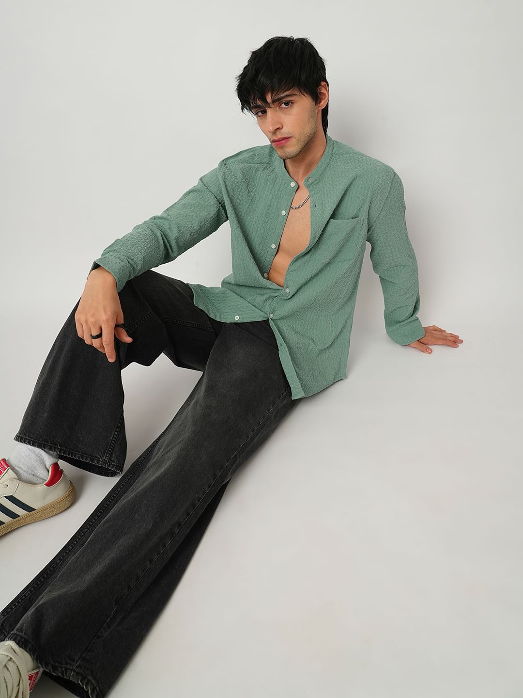 Hexagon Jacquard Jade Green Mandarin Shirt