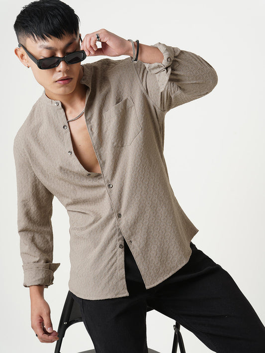 Hexagon Beige Jacquard Mandarin Shirt
