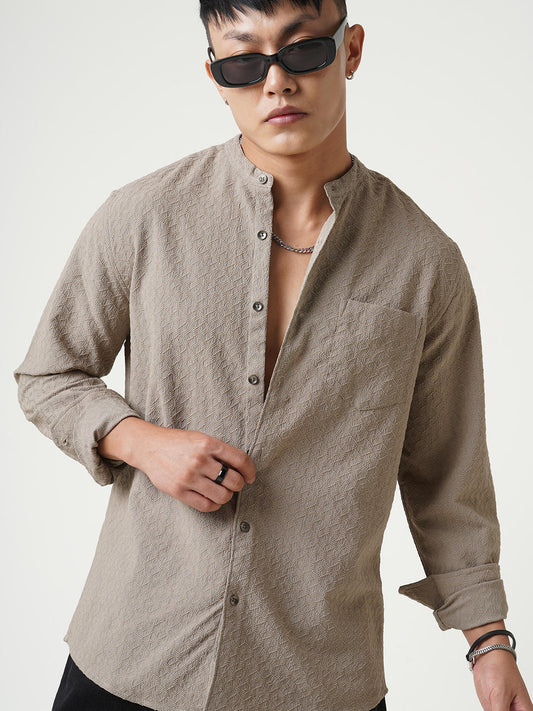 Hexagon Beige Jacquard Mandarin Shirt