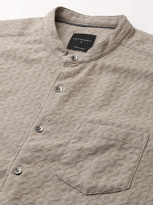 Hexagon Beige Jacquard Mandarin Shirt