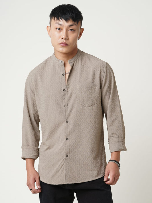 Hexagon Beige Jacquard Mandarin Shirt