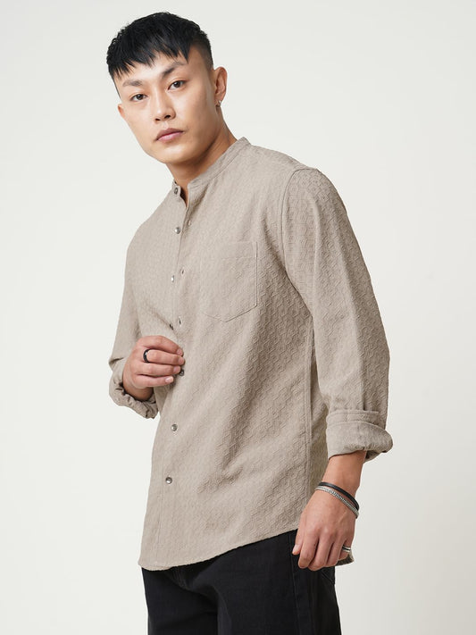 Hexagon Beige Jacquard Mandarin Shirt