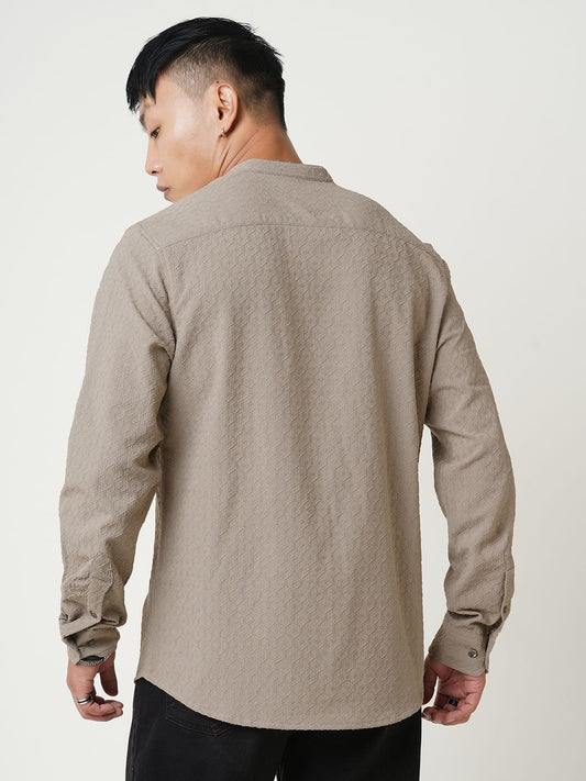 Hexagon Beige Jacquard Mandarin Shirt