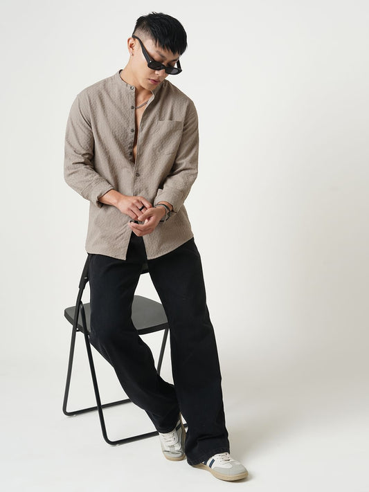 Hexagon Beige Jacquard Mandarin Shirt