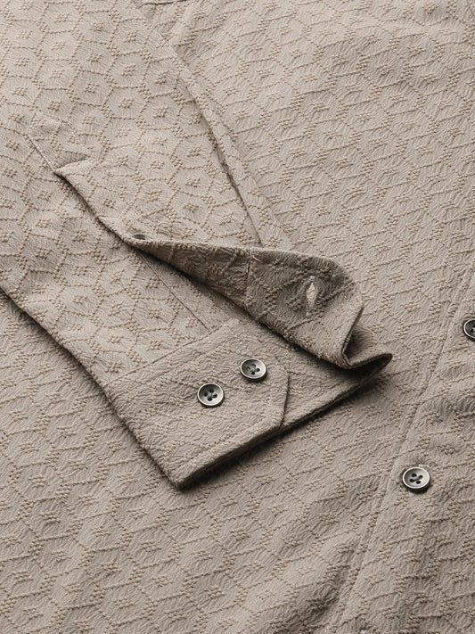 Hexagon Beige Jacquard Mandarin Shirt