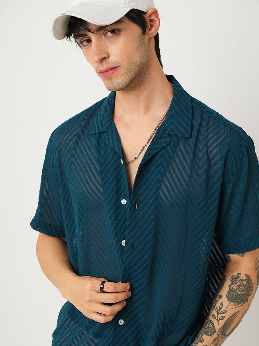 Zig-Zag Peacock Green Textured Chiffon Oversized Shirt