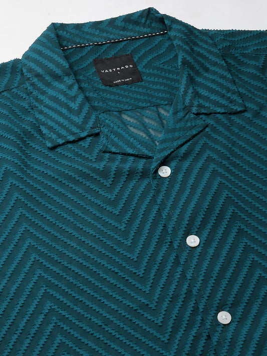 Zig-Zag Peacock Green Textured Chiffon Oversized Shirt