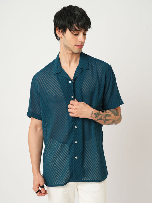 Zig-Zag Peacock Green Textured Chiffon Oversized Shirt
