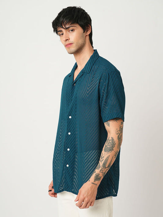 Zig-Zag Peacock Green Textured Chiffon Oversized Shirt