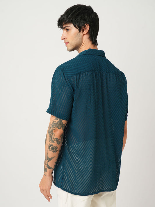 Zig-Zag Peacock Green Textured Chiffon Oversized Shirt