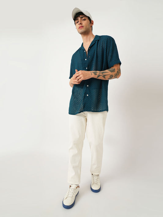 Zig-Zag Peacock Green Textured Chiffon Oversized Shirt